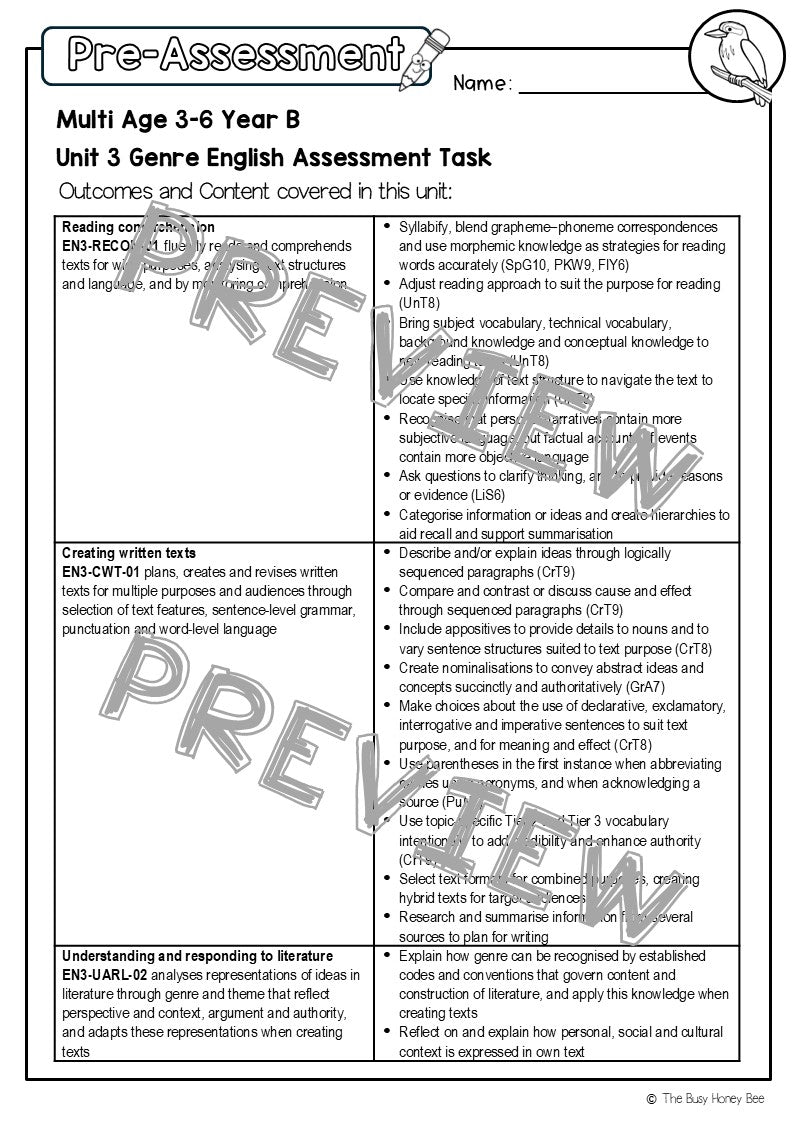 Multi Age 3-6 Year B English Pre- and Post-Assessment Unit 3 Genre