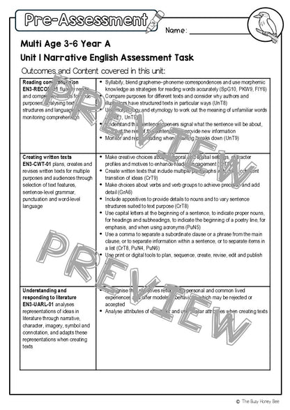 Multi Age 3-6 Year A English Pre- and Post-Assessment Unit 1 Narrative