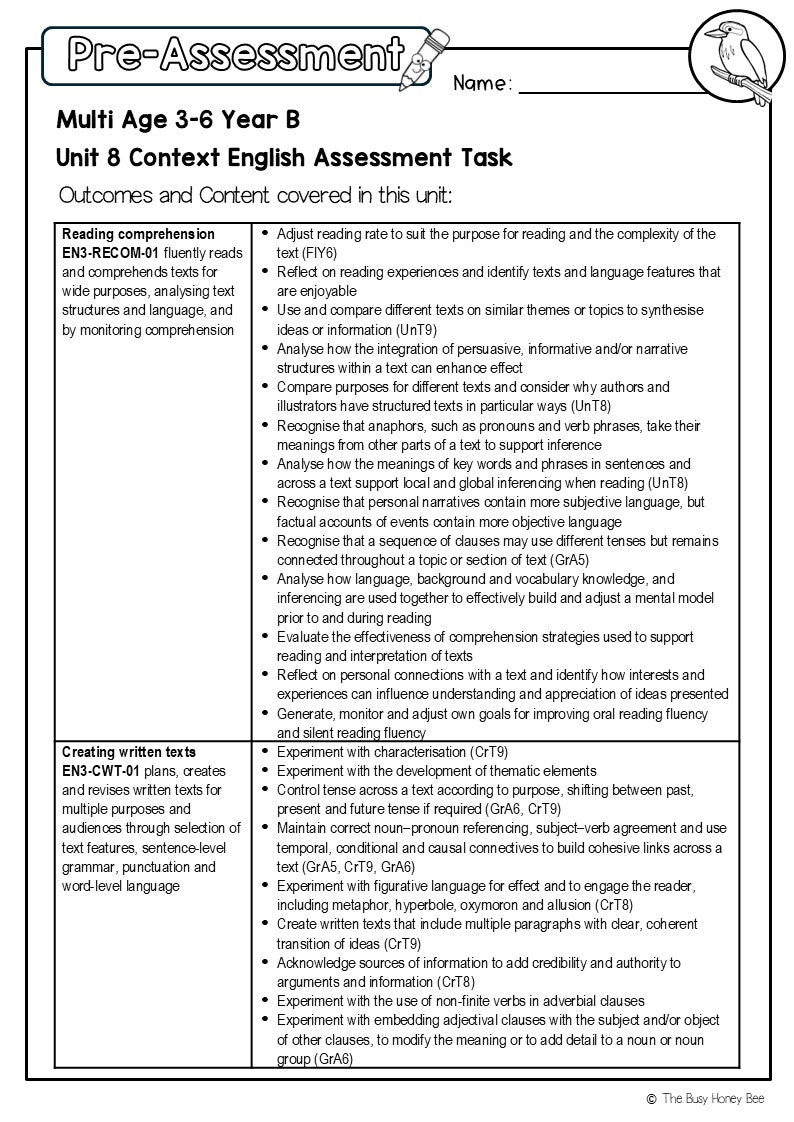 Multi Age 3-6 Year B English Pre- and Post-Assessment Unit 8 Context