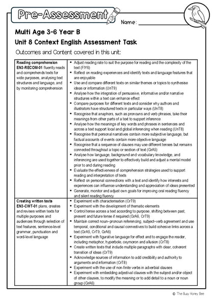 Multi Age 3-6 Year B English Pre- and Post-Assessment Unit 8 Context