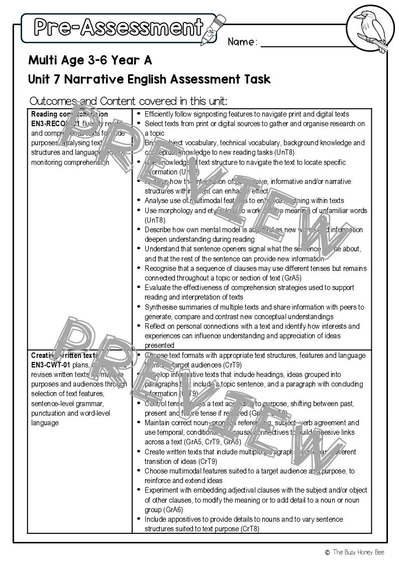 Multi Age 3-6 Year A English Pre- and Post-Assessment Unit 7 Narrative