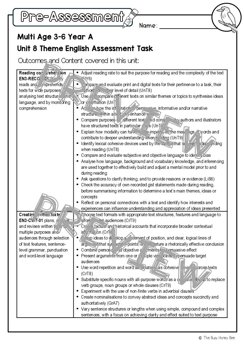 Multi Age 3-6 Year A English Pre- and Post-Assessment Unit 8 Theme