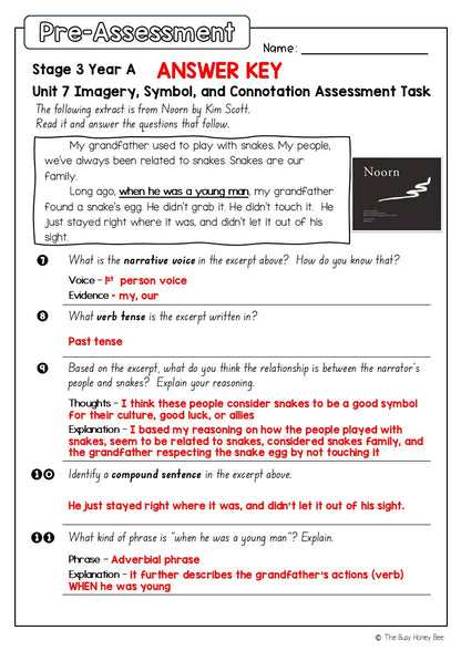 Stage 3 Year A English Pre- and Post-Assessment Unit 7 Imagery, symbol and connotation