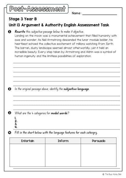 Stage 3 Year B English Pre- and Post-Assessment Unit 13 Argument and authority