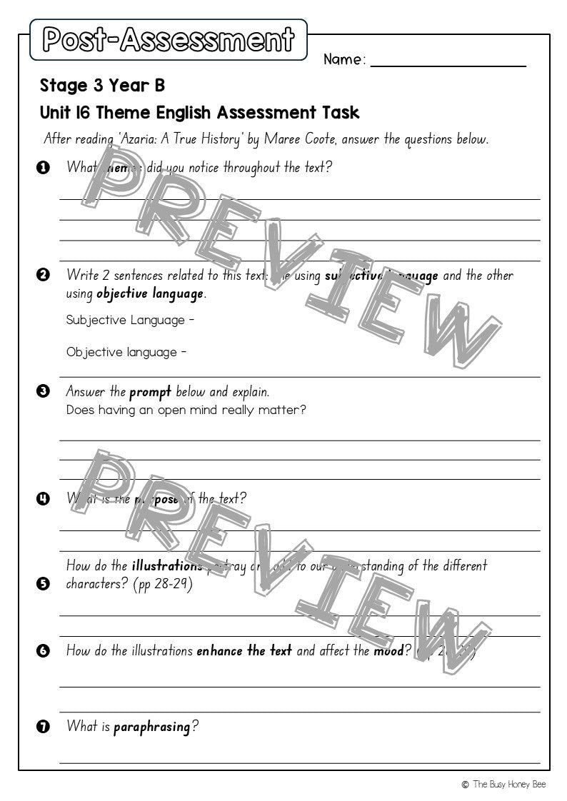 Stage 3 Year B English Pre- and Post-Assessment Unit 16 Theme