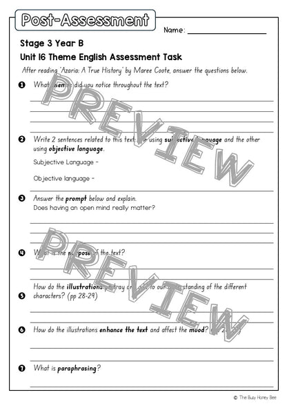 Stage 3 Year B English Pre- and Post-Assessment Unit 16 Theme