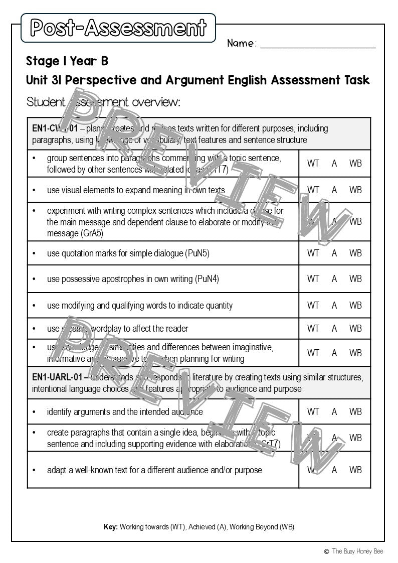 Stage 1 Year B English Pre- and Post-Assessment Unit 31