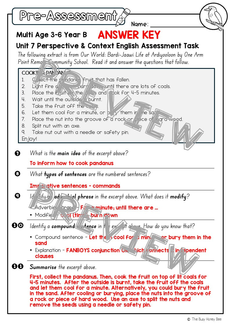 Multi Age 3-6 Year B English Pre- and Post-Assessment Unit 7 Perspective & Context