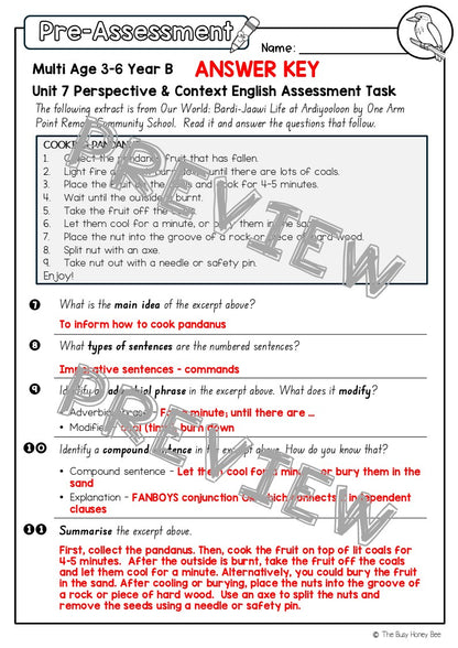 Multi Age 3-6 Year B English Pre- and Post-Assessment Unit 7 Perspective & Context