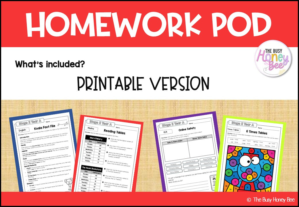 Stage 2 Year A Homework/Learning Pods Term 1 Mega Bundle