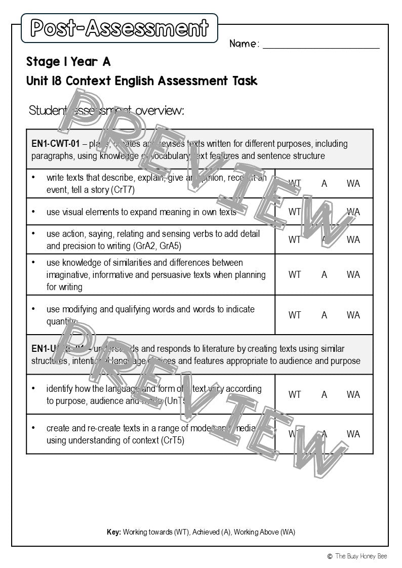 Stage 1 Year A English Pre- and Post-Assessment Unit 18