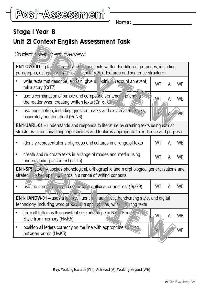 Stage 1 Year B English Pre- and Post-Assessment Unit 21