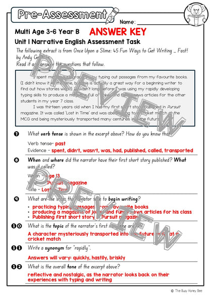 Multi Age 3-6 Year B English Pre- and Post-Assessment Unit 1 Narrative