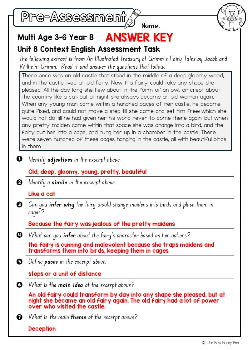 Multi Age 3-6 Year B English Pre- and Post-Assessment Unit 8 Context