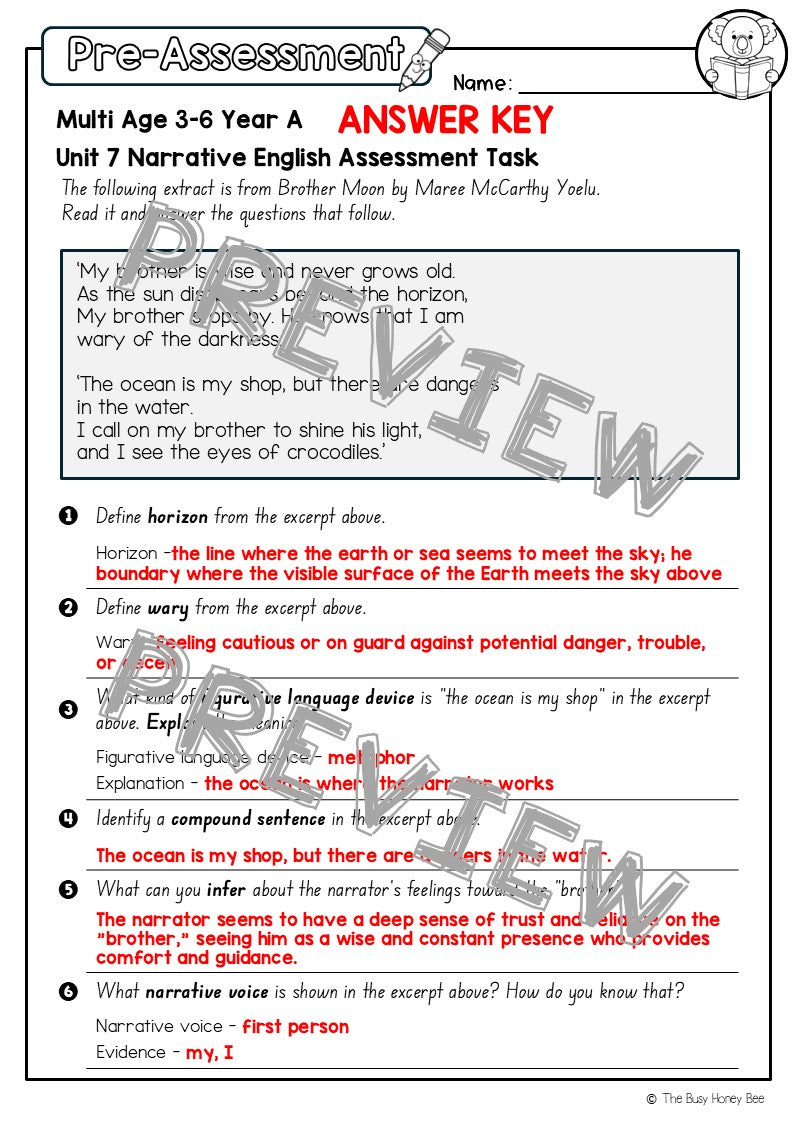 Multi Age 3-6 Year A English Pre- and Post-Assessment Unit 7 Narrative