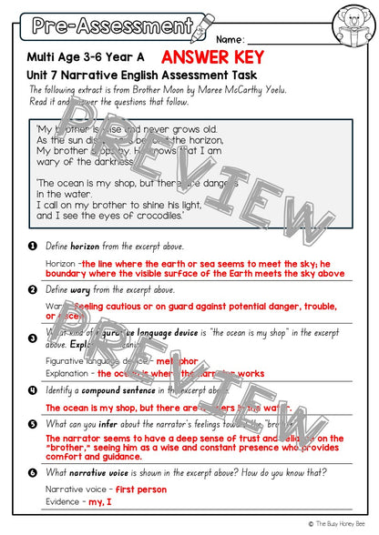 Multi Age 3-6 Year A English Pre- and Post-Assessment Unit 7 Narrative