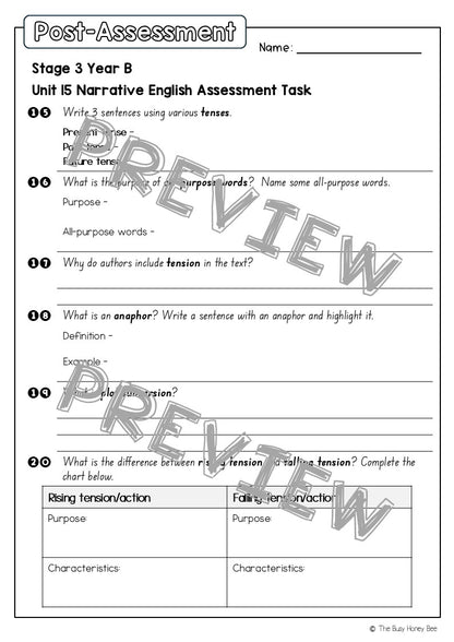 Stage 3 Year B English Pre- and Post-Assessment Unit 15 Narrative