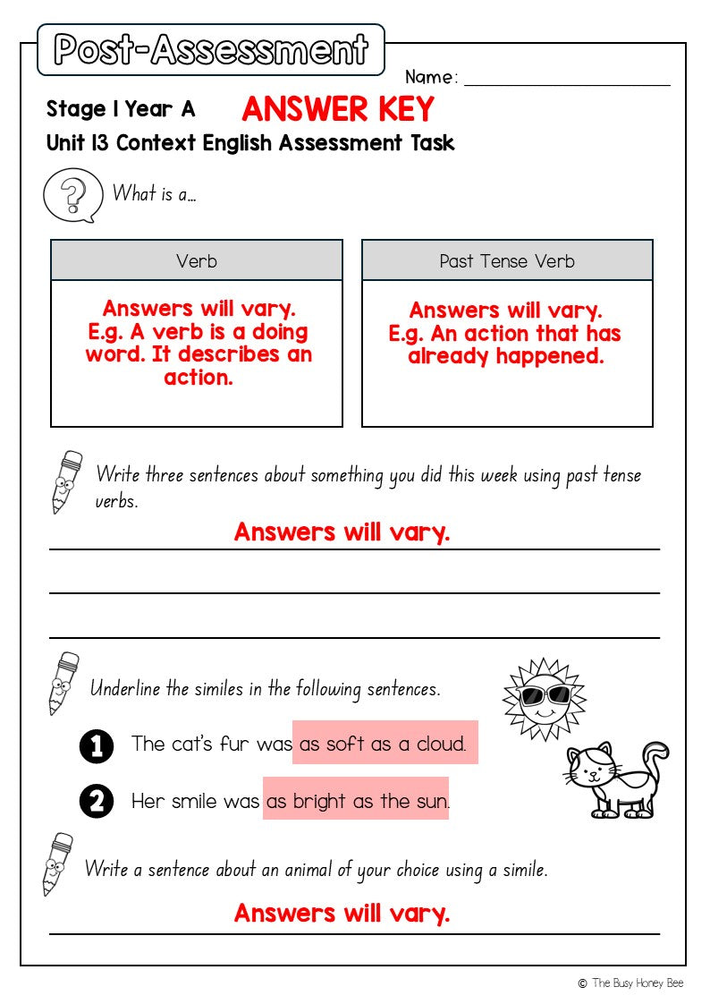 Stage 1 Year A English Pre- and Post-Assessment Unit 13