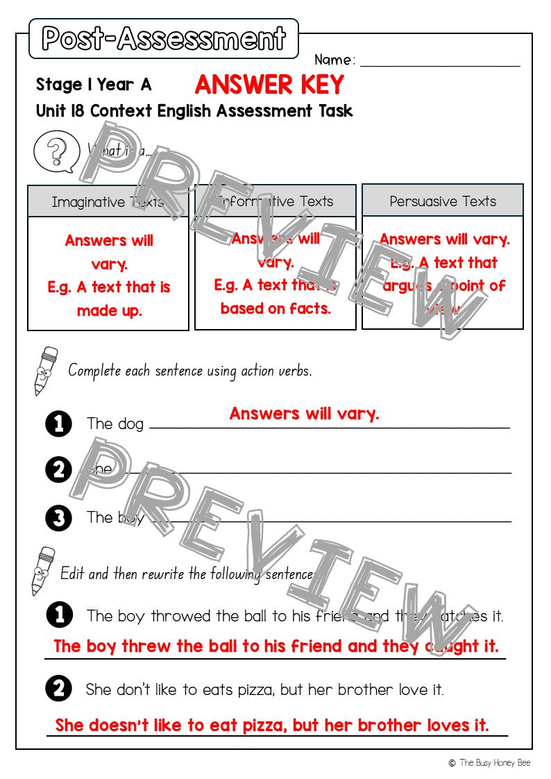 Stage 1 Year A English Pre- and Post-Assessment Unit 18