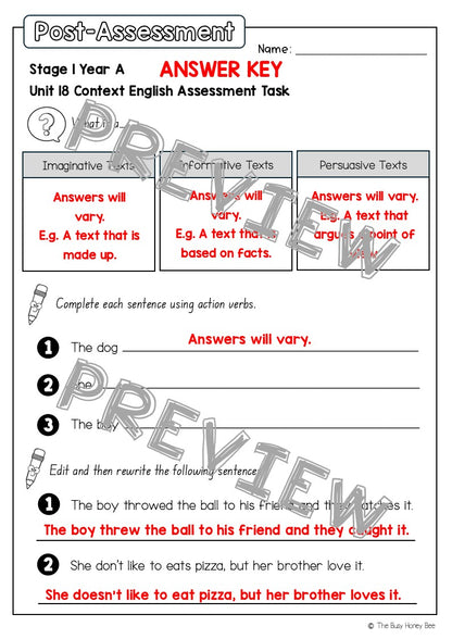 Stage 1 Year A English Pre- and Post-Assessment Unit 18