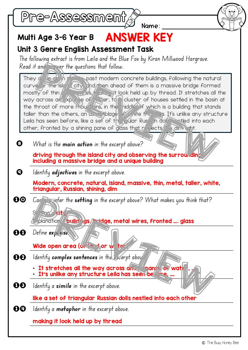 Multi Age 3-6 Year B English Pre- and Post-Assessment Unit 3 Genre