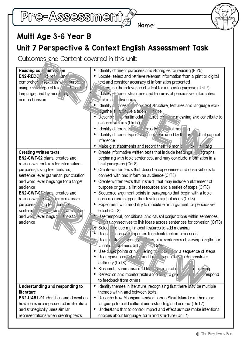 Multi Age 3-6 Year B English Pre- and Post-Assessment Unit 7 Perspective & Context