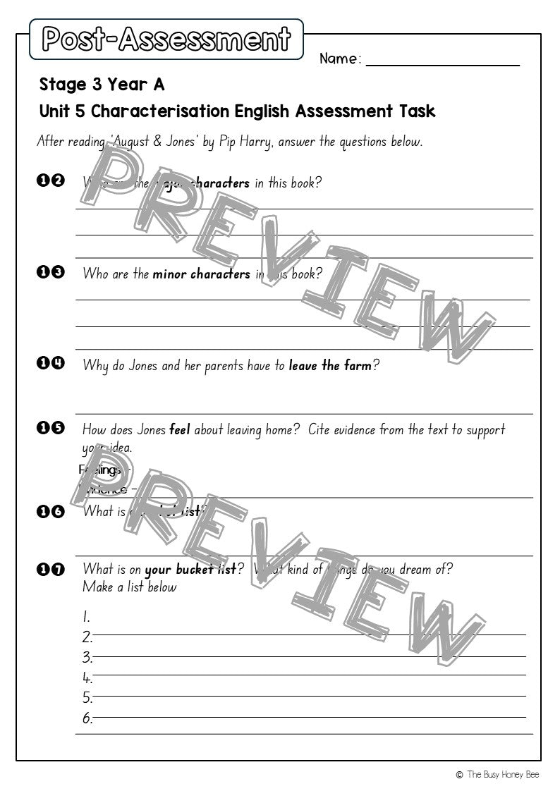 Stage 3 Year A English Pre- and Post-Assessment Unit 5 Characterisation