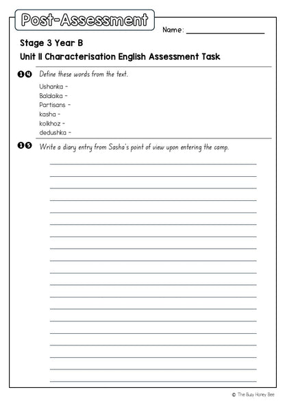 Stage 3 Year B English Pre- and Post-Assessment Unit 11 Characterisation