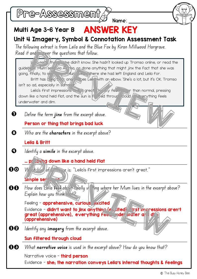 Multi Age 3-6 Year B English Pre- and Post-Assessment Unit 4 Imagery, symbol and connotation