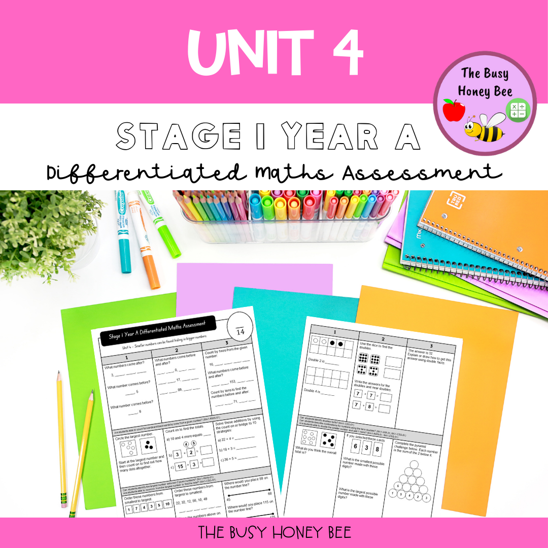 Stage 1 Year A Term 1 Differentiated Maths Assessment Bundle