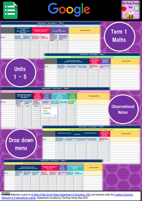 Early Stage 1 NSW Term 1 Maths Assessment Overview Google Sheet