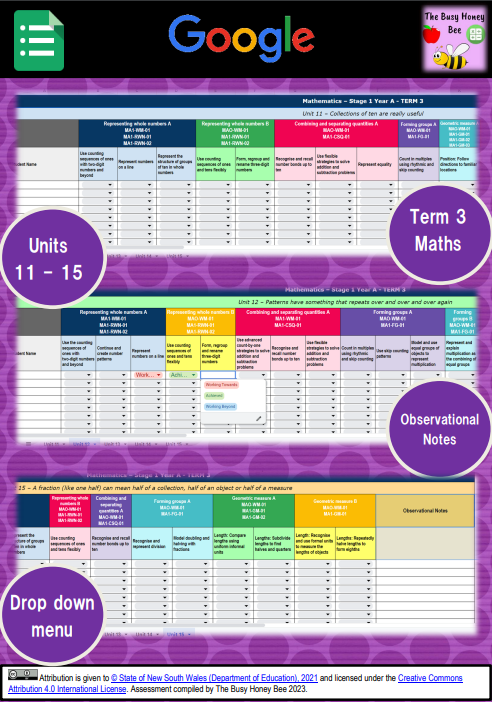 Stage 1 Year A NSW Term 3 Maths Assessment Overview Google Sheet