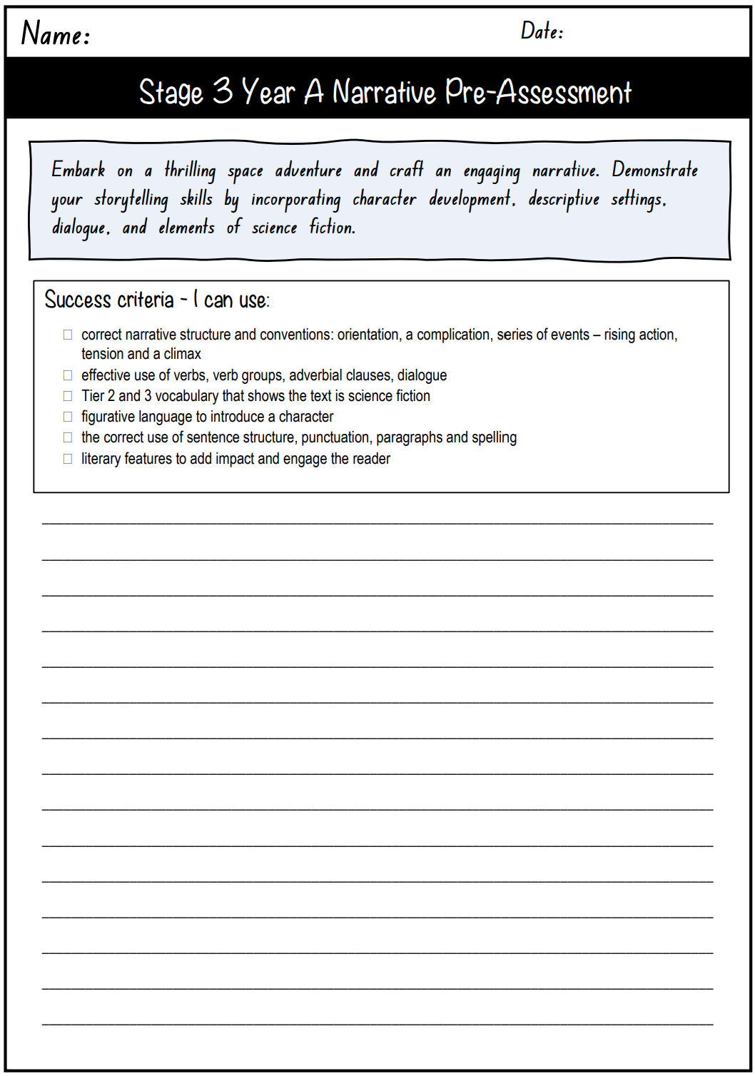 Stage 3 Year A Unit 1 Narrative Writing Pre-Assessment