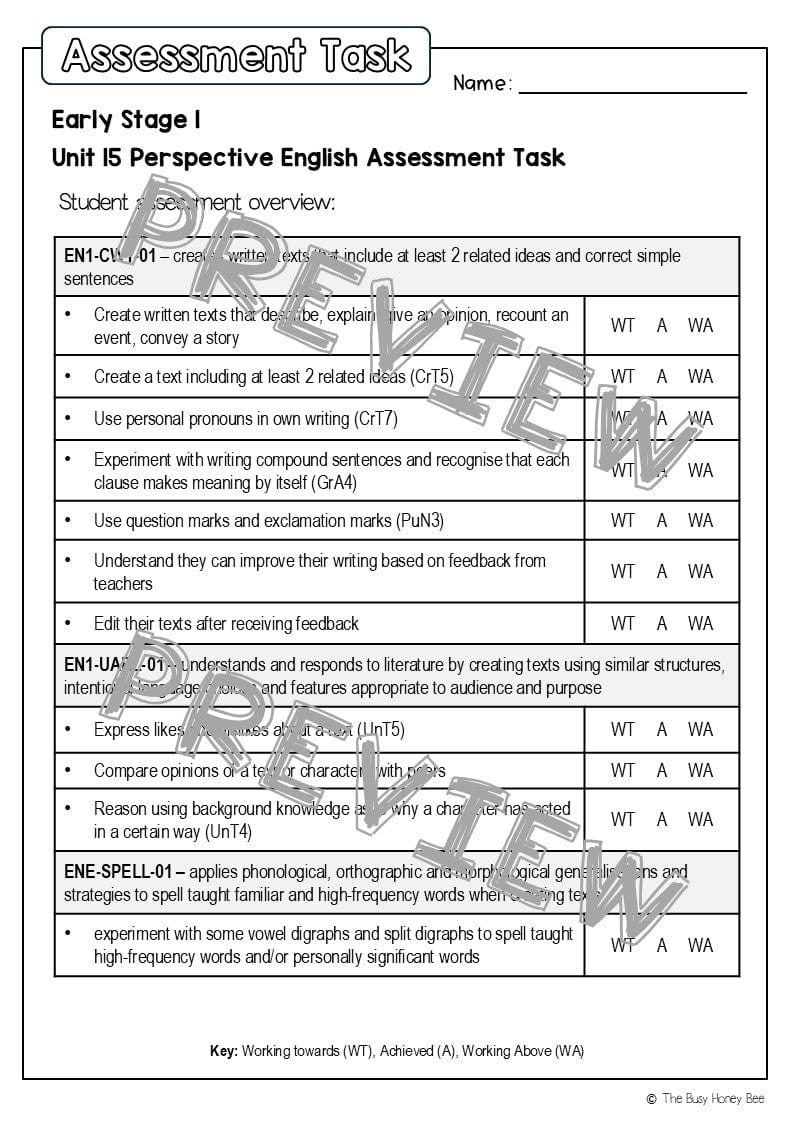 Early Stage 1 English Assessment Unit 15 Perspective - Assessment