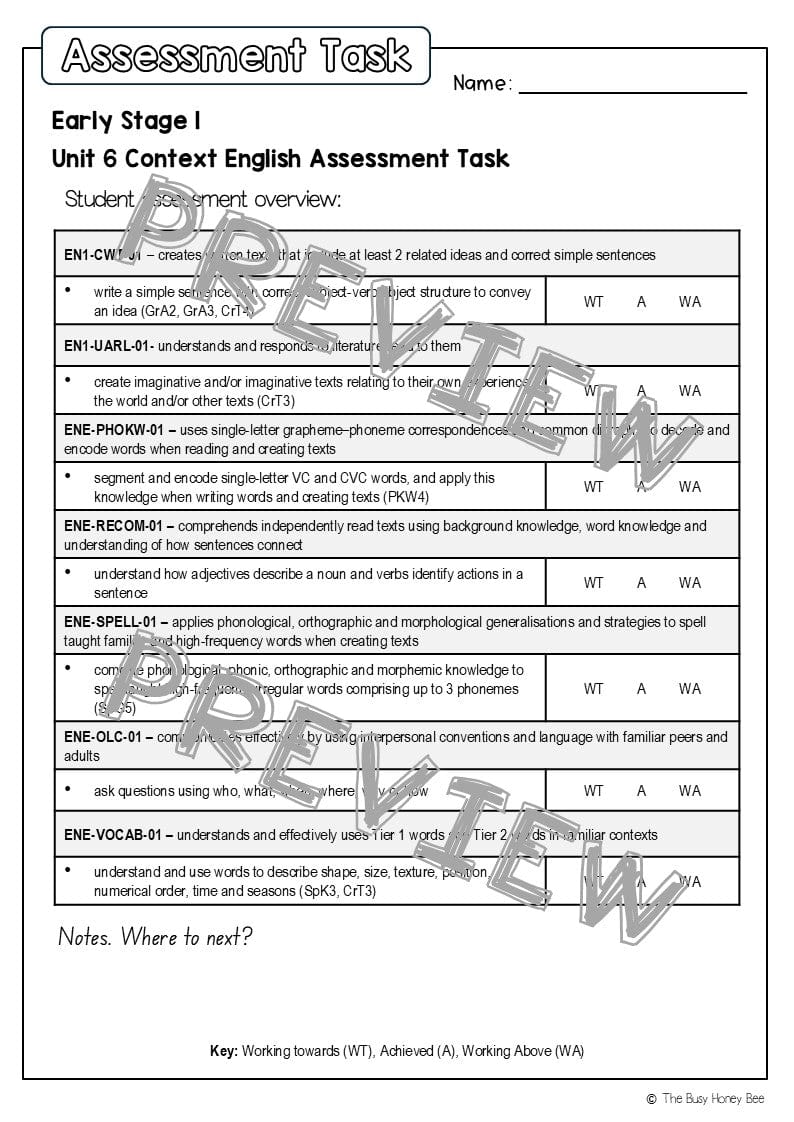 Early Stage 1 English Assessment Unit 6 Context - Assessment