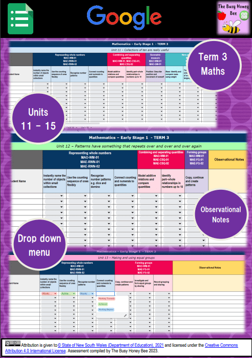 Early Stage 1 NSW Term 3 Maths Assessment Overview Google Sheet - Assessment