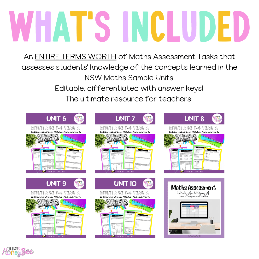 Multi Age 3-6 Year A Differentiated NSW Maths Assessment Term 2 Mega Bundle - Microsoft Word Document