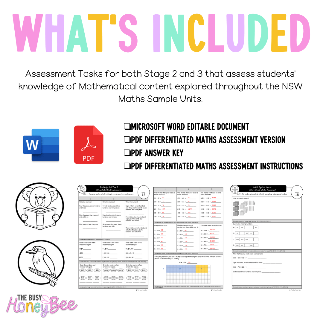 Multi Age 3-6 Year A Differentiated NSW Maths Assessment Unit 4 - Microsoft Word Document