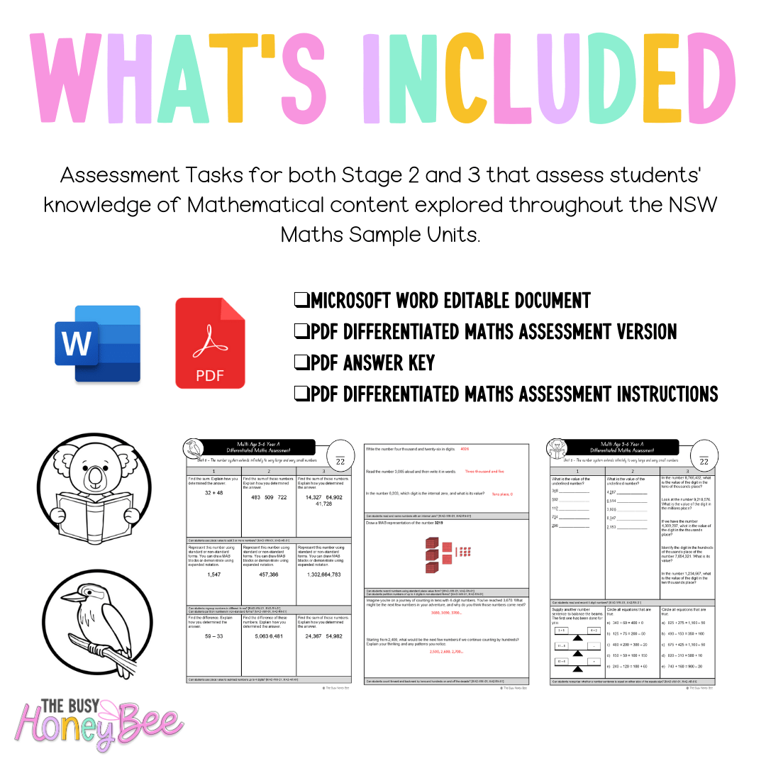 Multi Age 3-6 Year A Differentiated NSW Maths Assessment Unit 6 - Microsoft Word Document