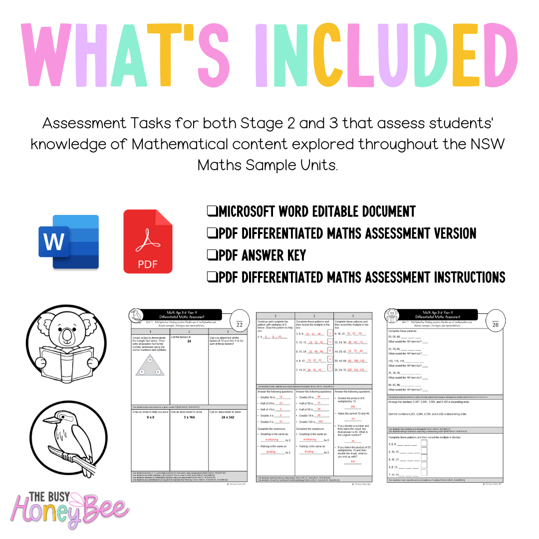 Multi Age 3-6 Year A Differentiated NSW Maths Assessment Unit 7 - Microsoft Word Document