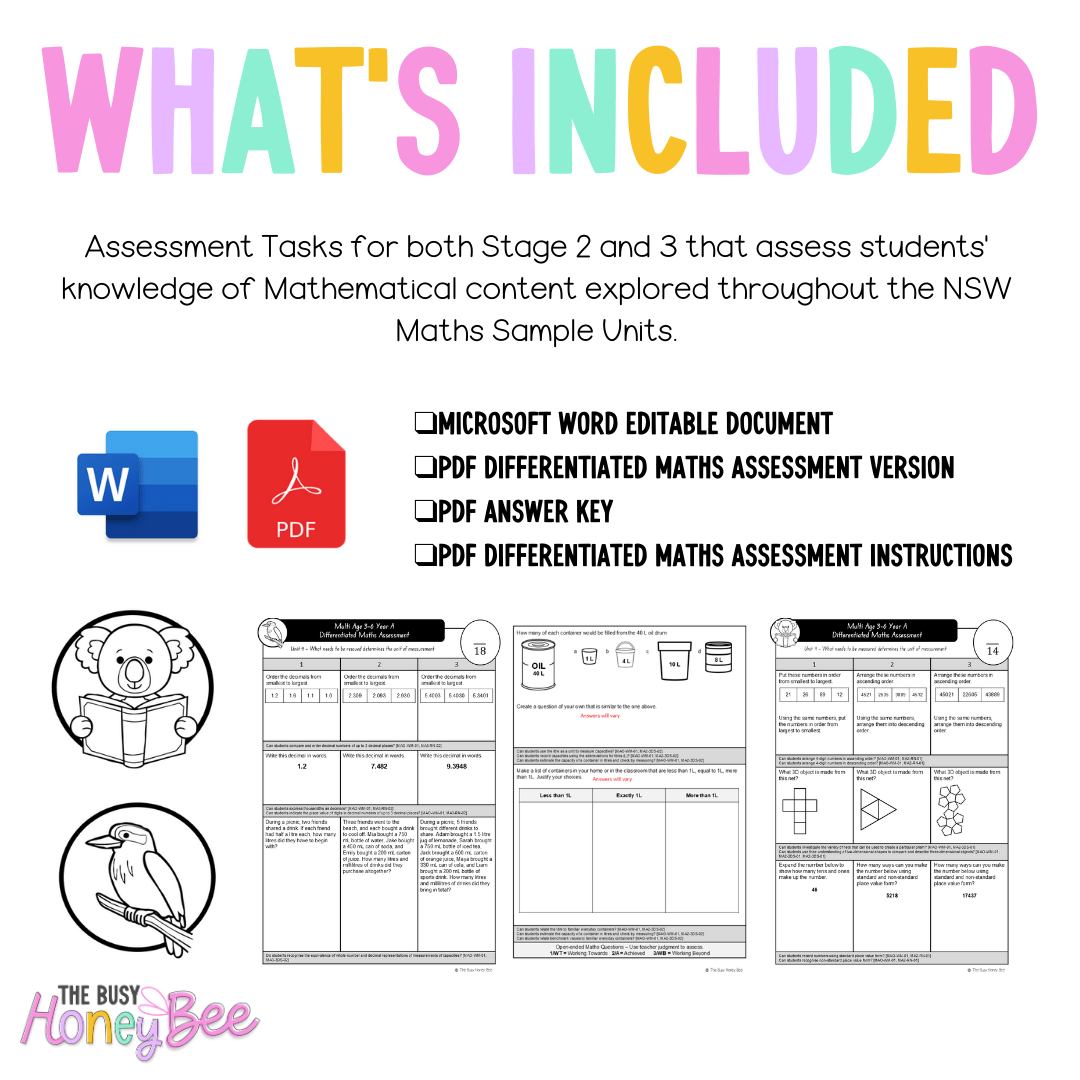 Multi Age 3-6 Year A Differentiated NSW Maths Assessment Unit 9 - Microsoft Word Document