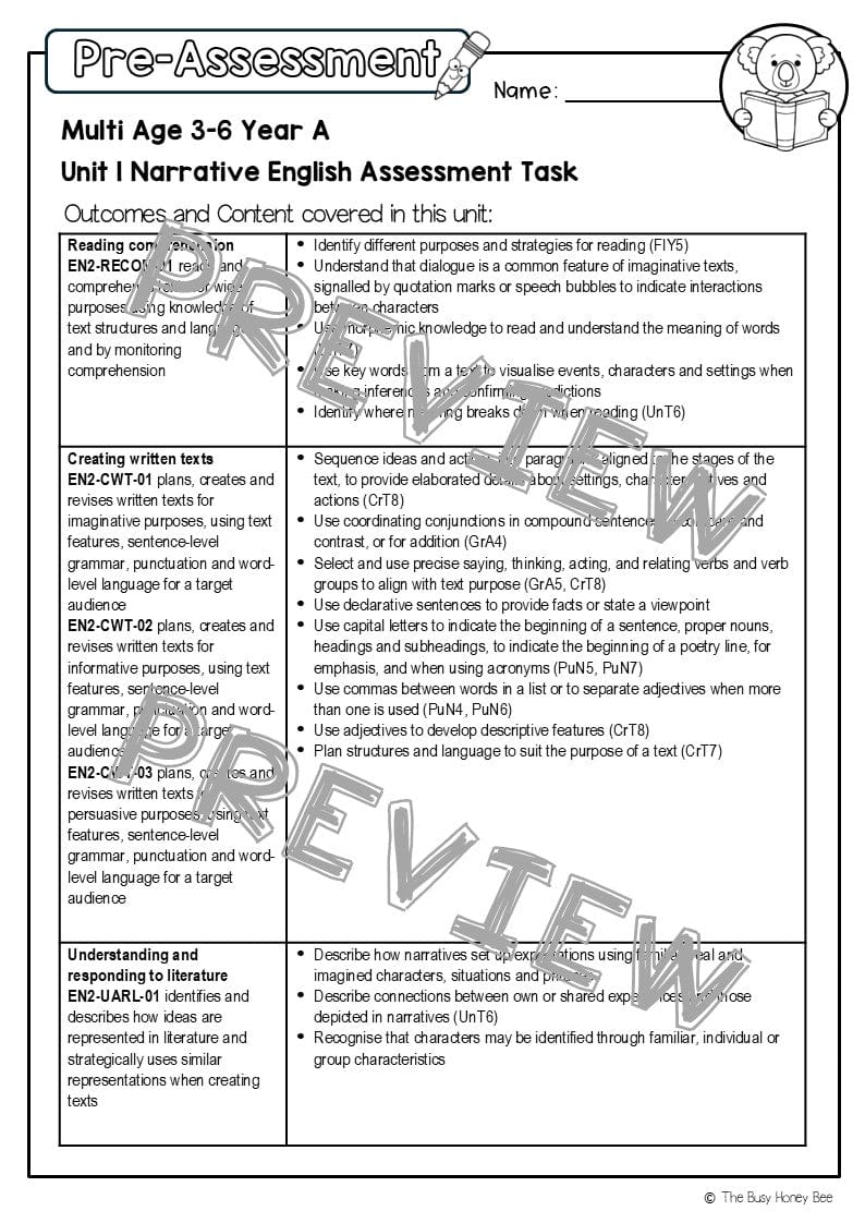 Multi Age 3-6 Year A English Pre- and Post-Assessment Unit 1 Narrative -