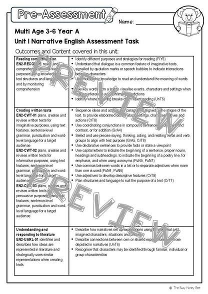 Multi Age 3-6 Year A English Pre- and Post-Assessment Unit 1 Narrative -