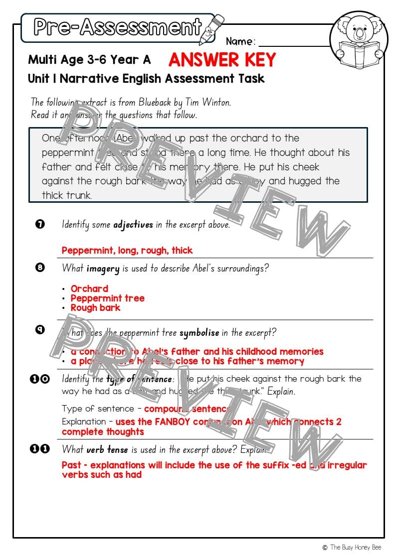 Multi Age 3-6 Year A English Pre- and Post-Assessment Unit 1 Narrative -