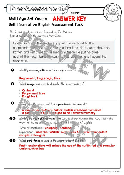 Multi Age 3-6 Year A English Pre- and Post-Assessment Unit 1 Narrative -