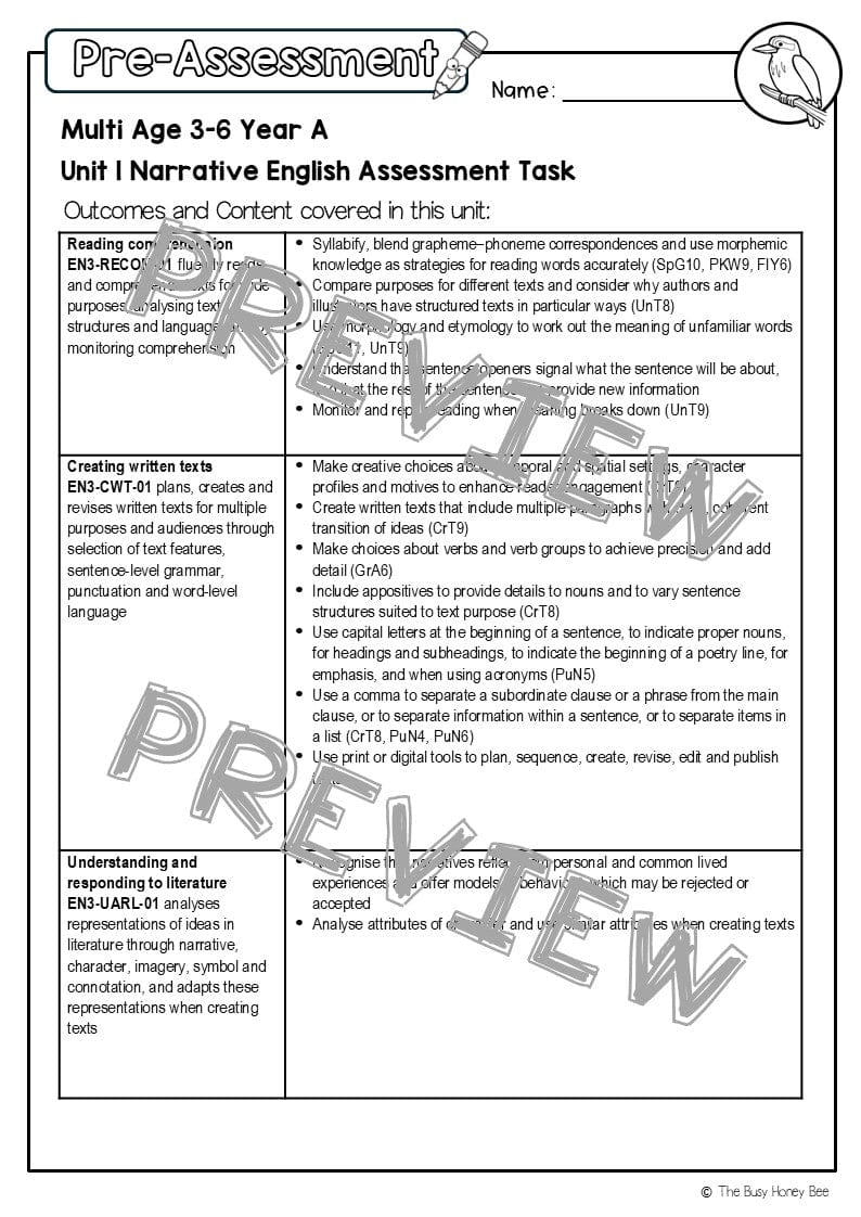 Multi Age 3-6 Year A English Pre- and Post-Assessment Unit 1 Narrative -