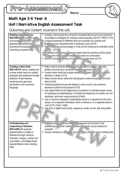 Multi Age 3-6 Year A English Pre- and Post-Assessment Unit 1 Narrative -