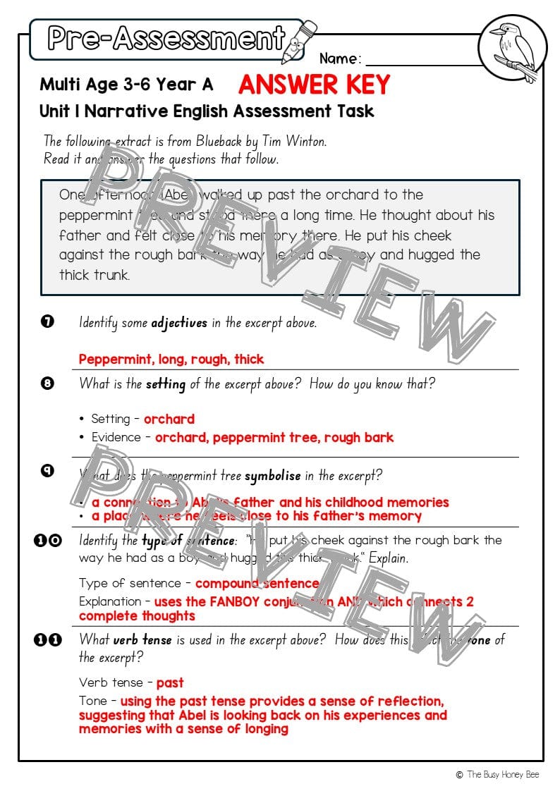 Multi Age 3-6 Year A English Pre- and Post-Assessment Unit 1 Narrative -