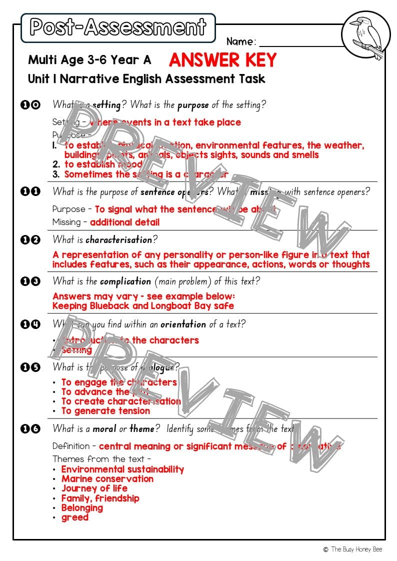 Multi Age 3-6 Year A English Pre- and Post-Assessment Unit 1 Narrative -