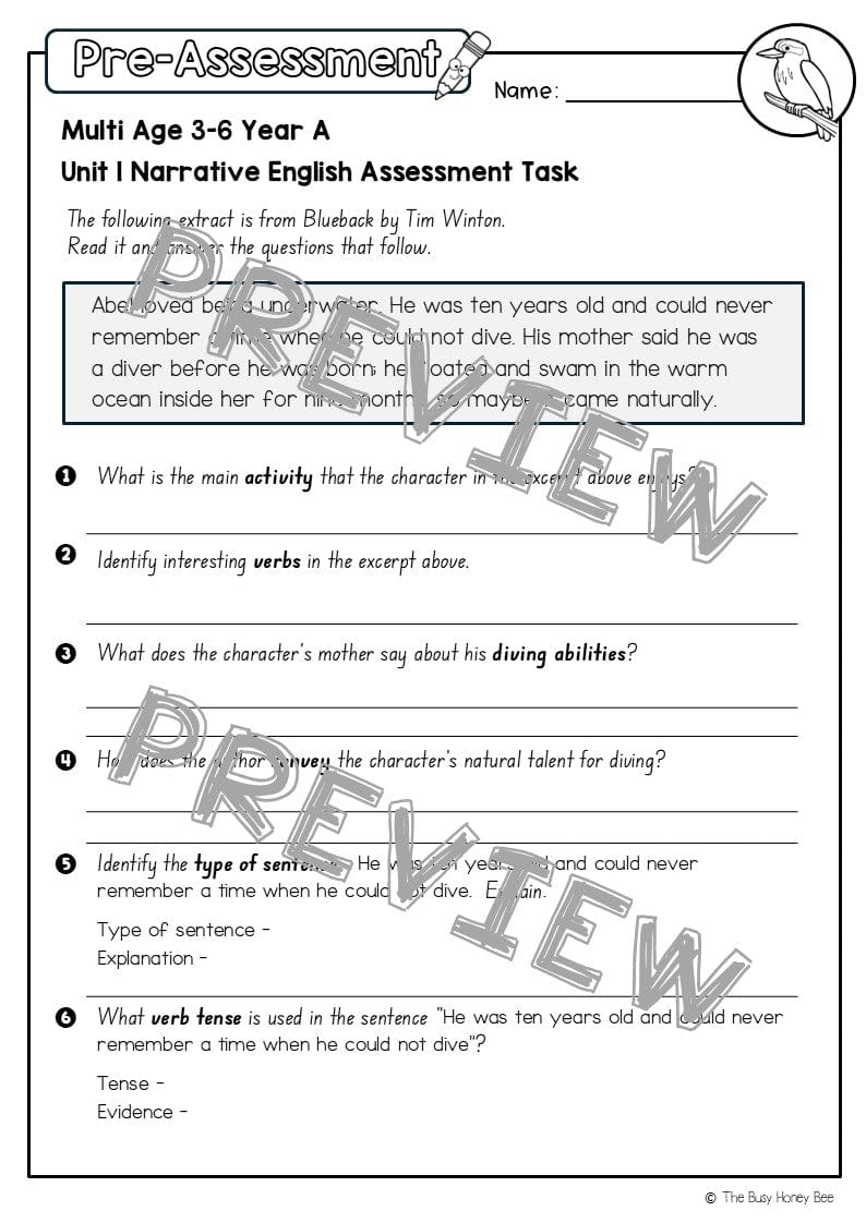 Multi Age 3-6 Year A English Pre- and Post-Assessment Unit 1 Narrative -